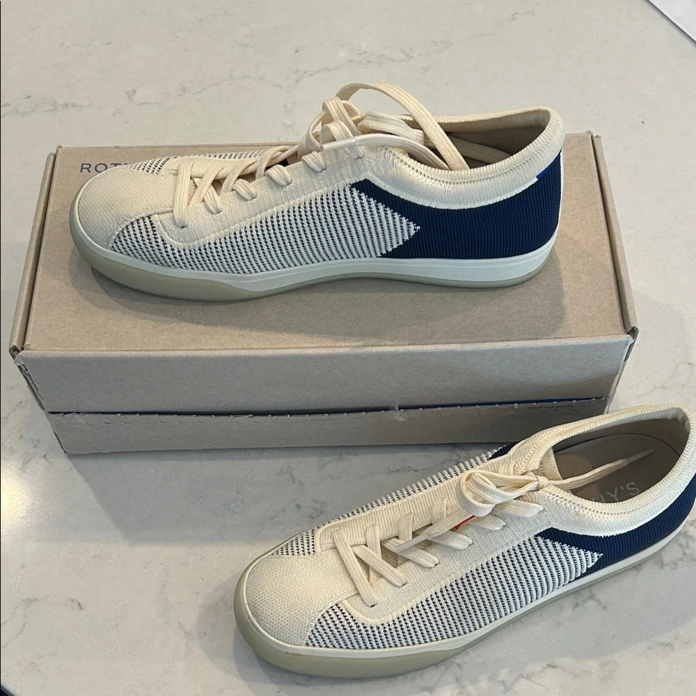 VG Rothy's Knit Lace-Up Sneaker in Cream & Navy (sz 8.5) - Picture 1 of 7